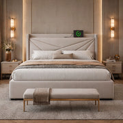 Letto matrimoniale 160x200 cm con contenitore, USB e USB-C in cotone e lino beige