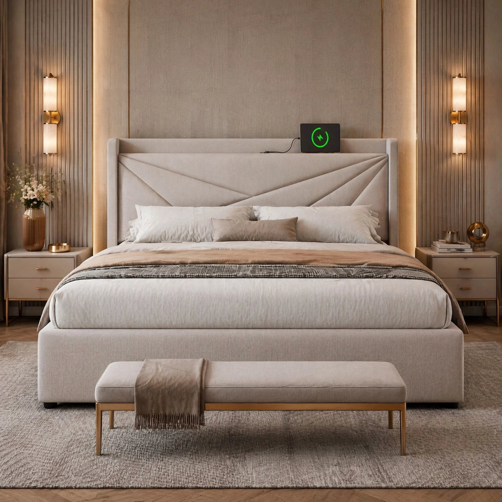 Letto matrimoniale 160x200 cm con contenitore, USB e USB-C in cotone e lino beige