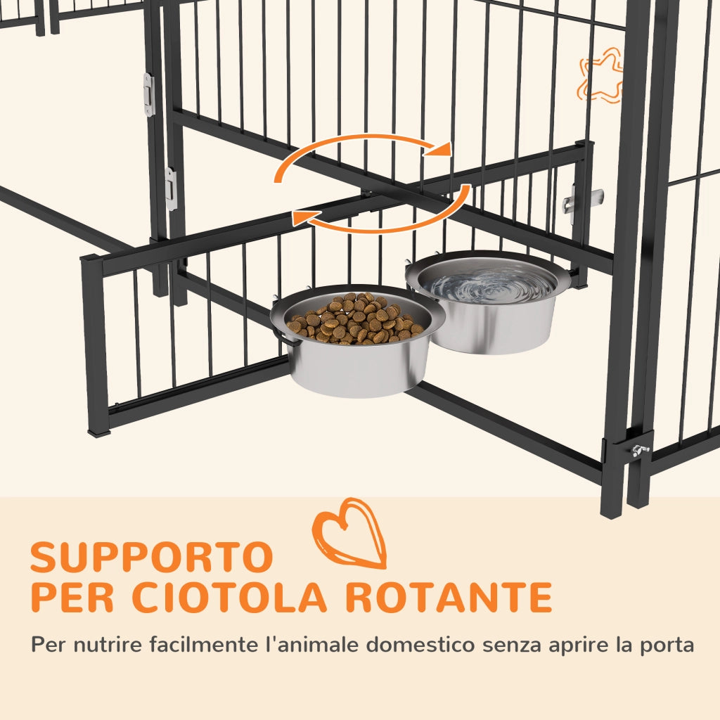 Recinto per Cani in Metallo e Tessuto Oxford con Porticina per Ciotole, 211x211x151 cm, Nero e Marrone