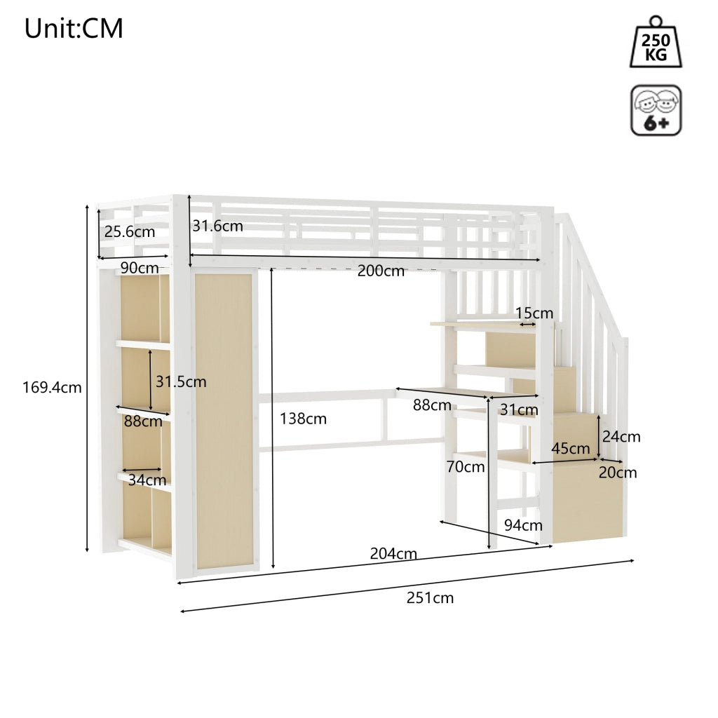 Letto a soppalco 90 × 200 cm 1 posto con scrivania, mensole, scaletta contenitore e LED, senza materasso, bianco