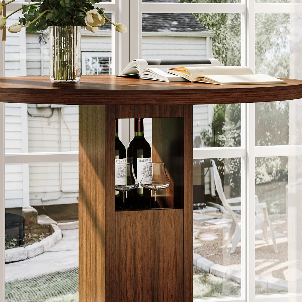 Tavolo da pranzo rotondo con 2 sgabelli, vano contenitore e poggiapiedi ad anello, noce, diametro 80 cm