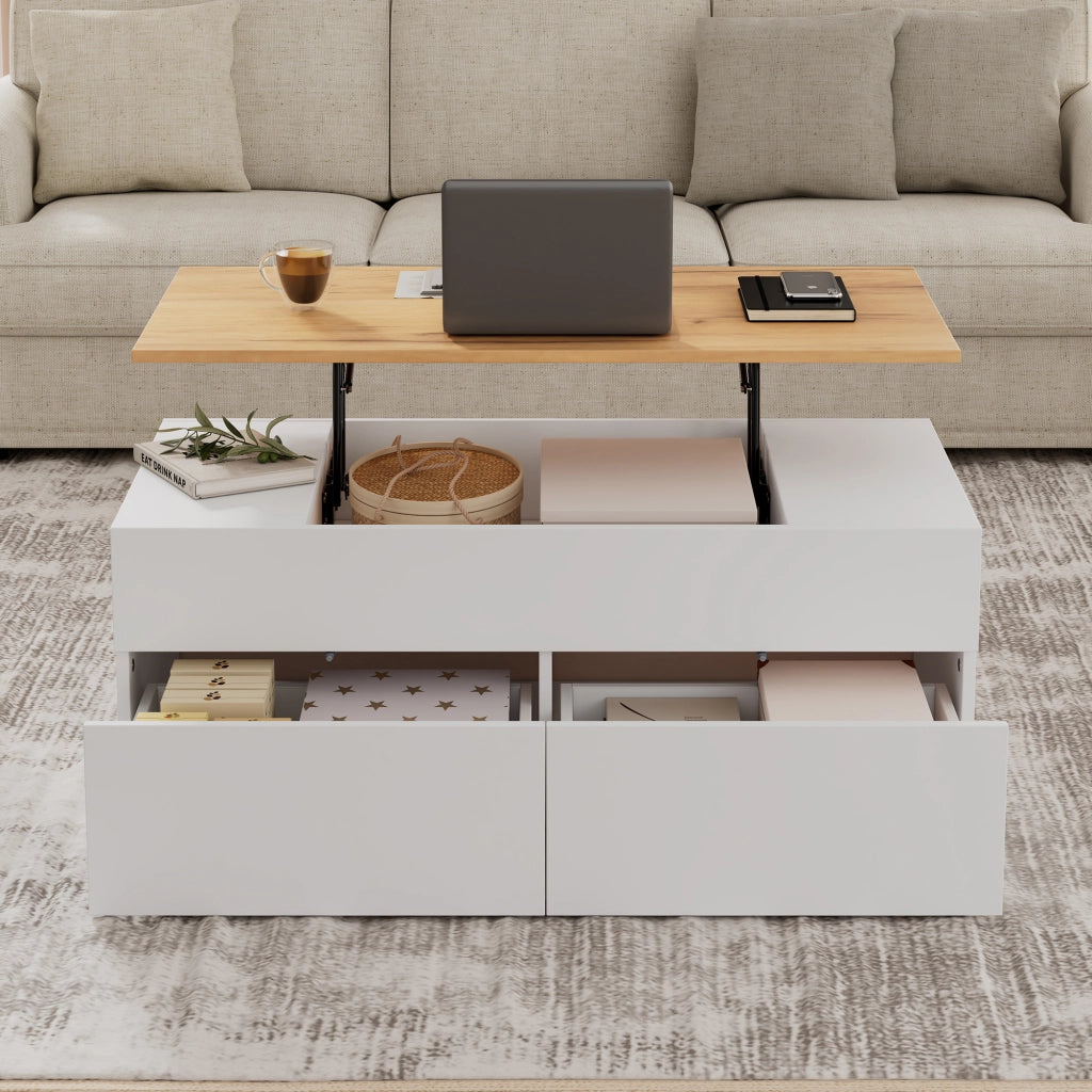 Tavolino da salotto con piano sollevabile 100x50 cm assemblabile bianco e legno
