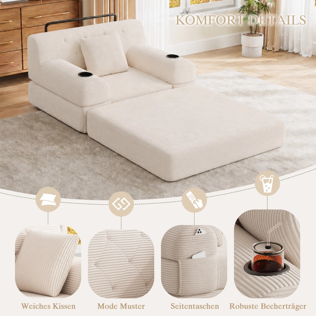 Divano letto singolo 107x162 cm in velluto a coste beige; schienale alto; 4 tasche e 2 portabevande