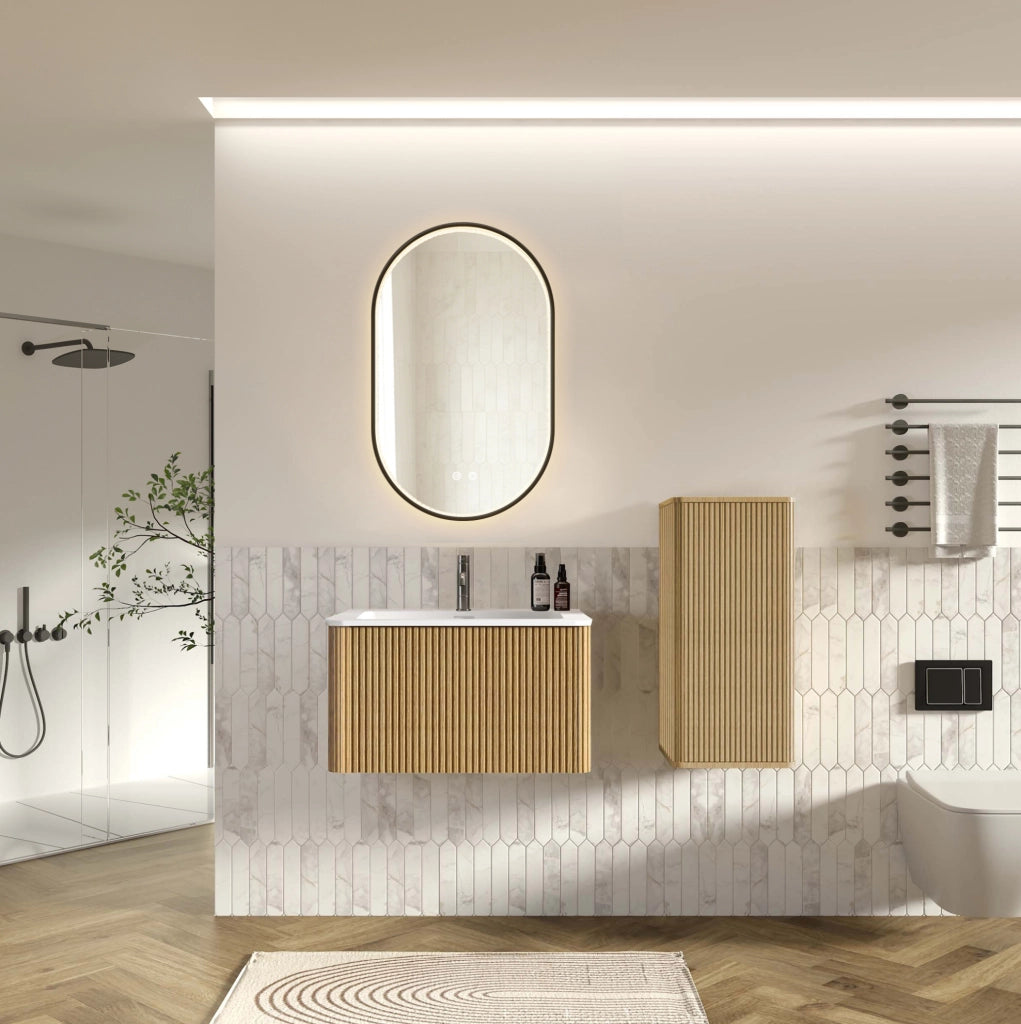 MOBILE BAGNO Set con lavabo, specchio LED e colonna color rovere