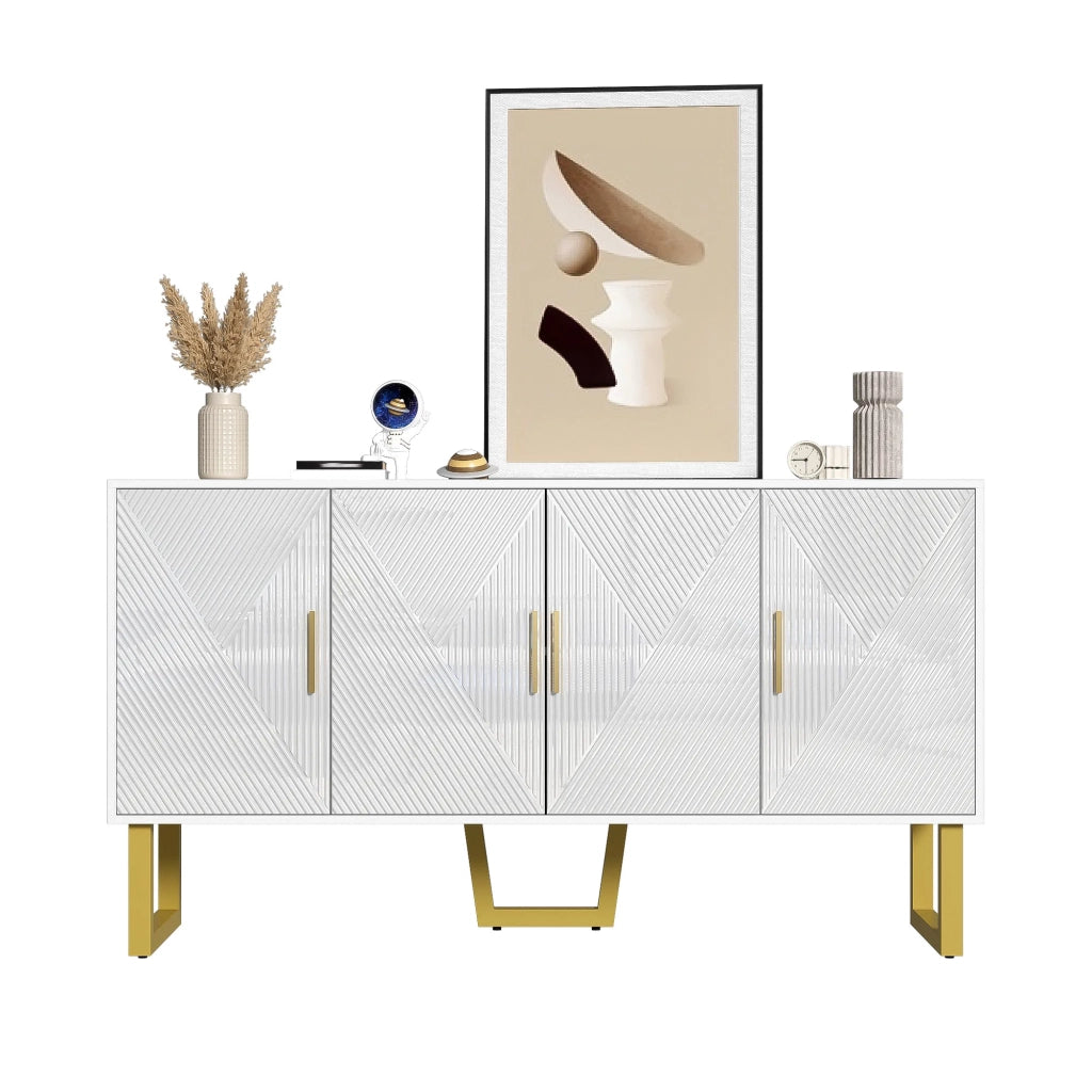 Maderna moderna bianca 150 cm, 4 ante con maniglie dorate, ante strutturate lucide, ripiani regolabili in altezza