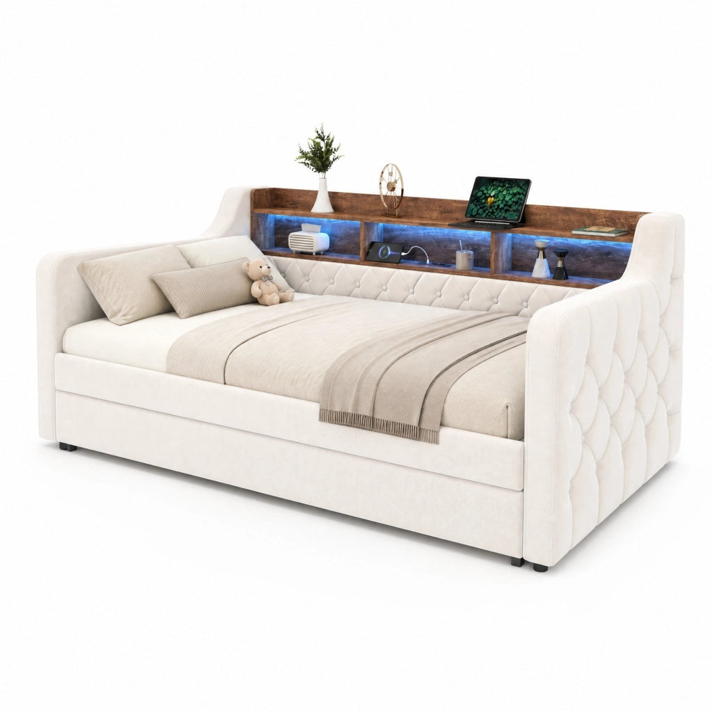 Divano letto estraibile 90x190 cm in velluto beige con LED, USB-C e contenitore