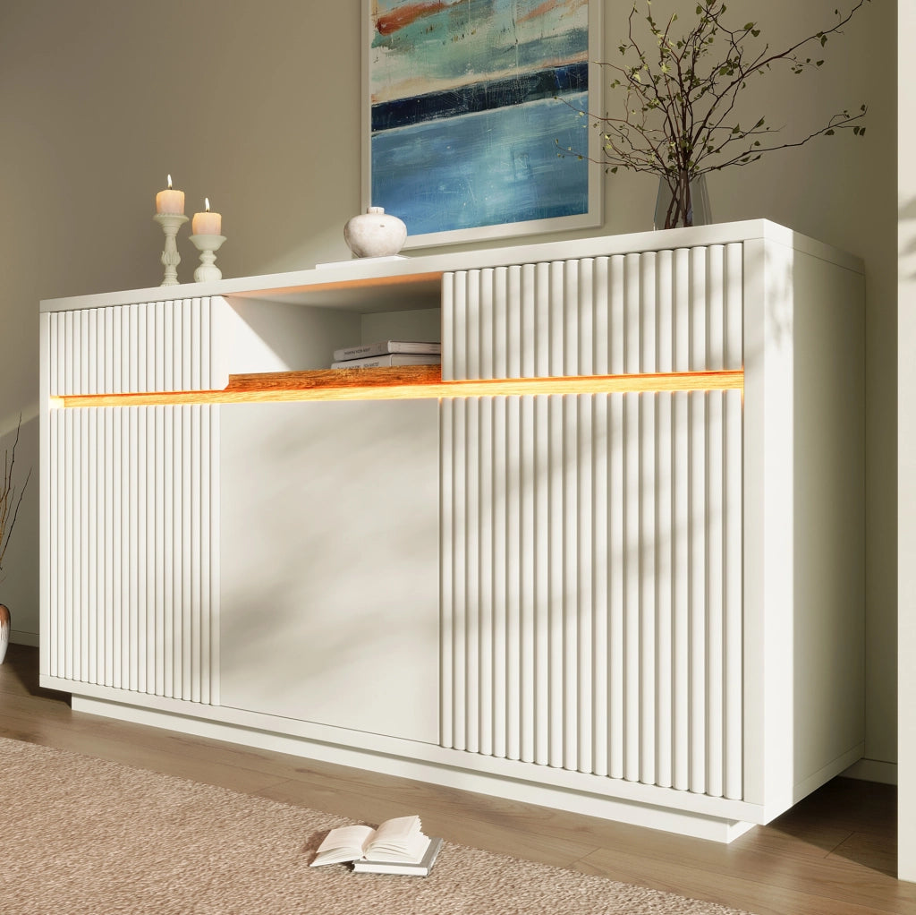 Sideboard LED bianco 140x40x85 cm con 2 cassetti e ripiani regolabili