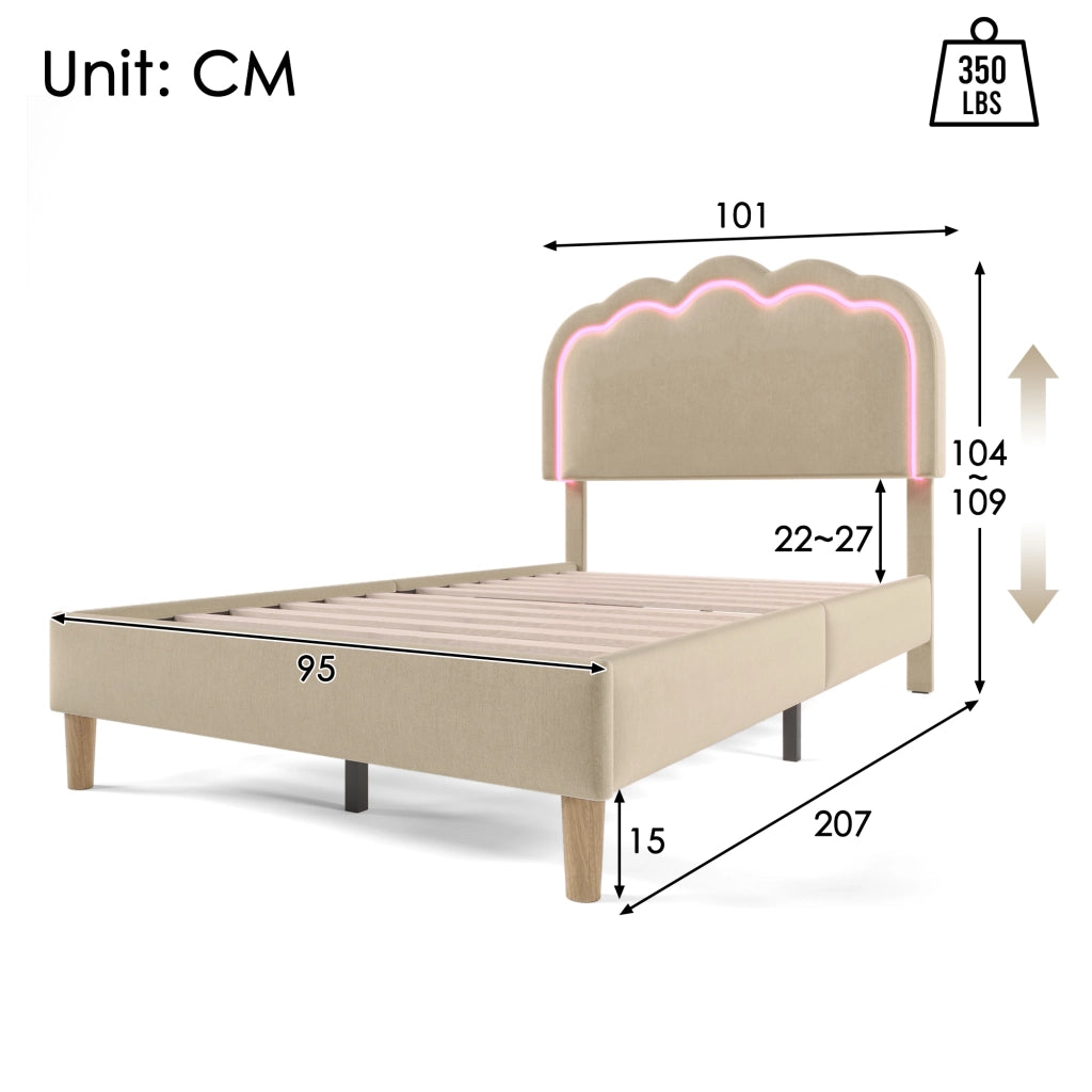 Letto singolo 90 × 200 cm con testiera LED regolabile imbottito in lino beige per camera da letto e ospiti