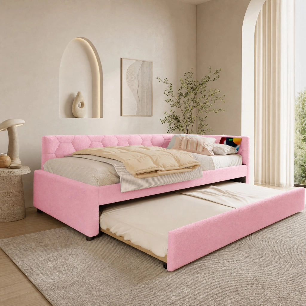 Letto singolo estraibile 90 × 200 cm con rete a doghe in bouclé rosa lampada da comodino usb e tipo c