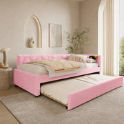 Letto singolo estraibile 90 × 200 cm con rete a doghe in bouclé rosa lampada da comodino usb e tipo c
