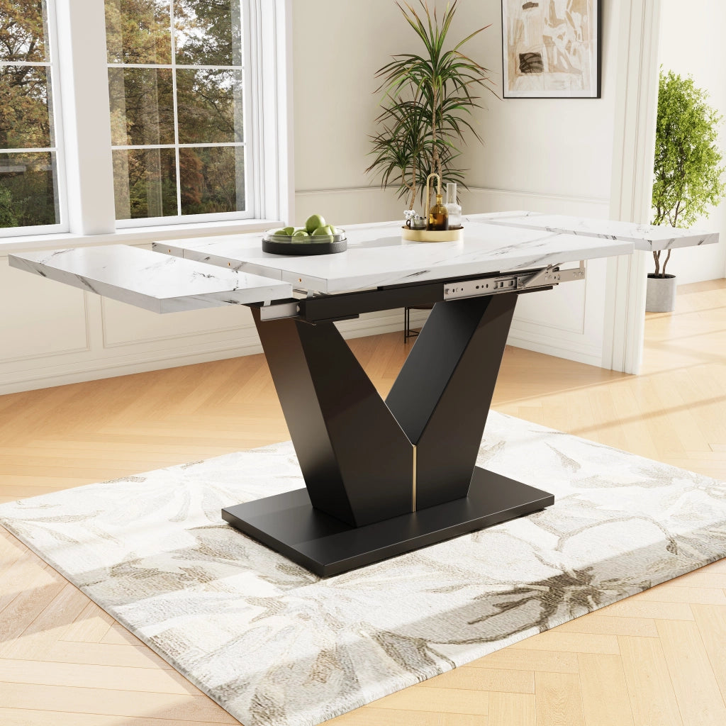 Tavolo allungabile da pranzo con piano in MDF effetto marmo guide in metallo bianco e nero 99–159 × 75 × 75 cm