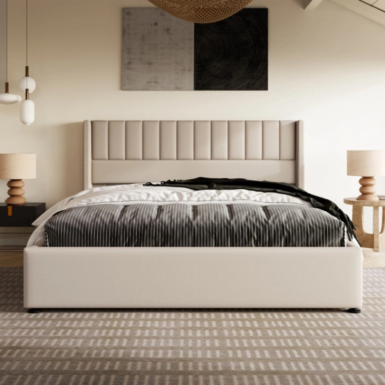 Letto Contenitore Matrimoniale 160x200 cm; Letto Imbottito in Lino Beige con Testiera; Rete a Doghe e Sollevamento Idraulico; Struttura Letto