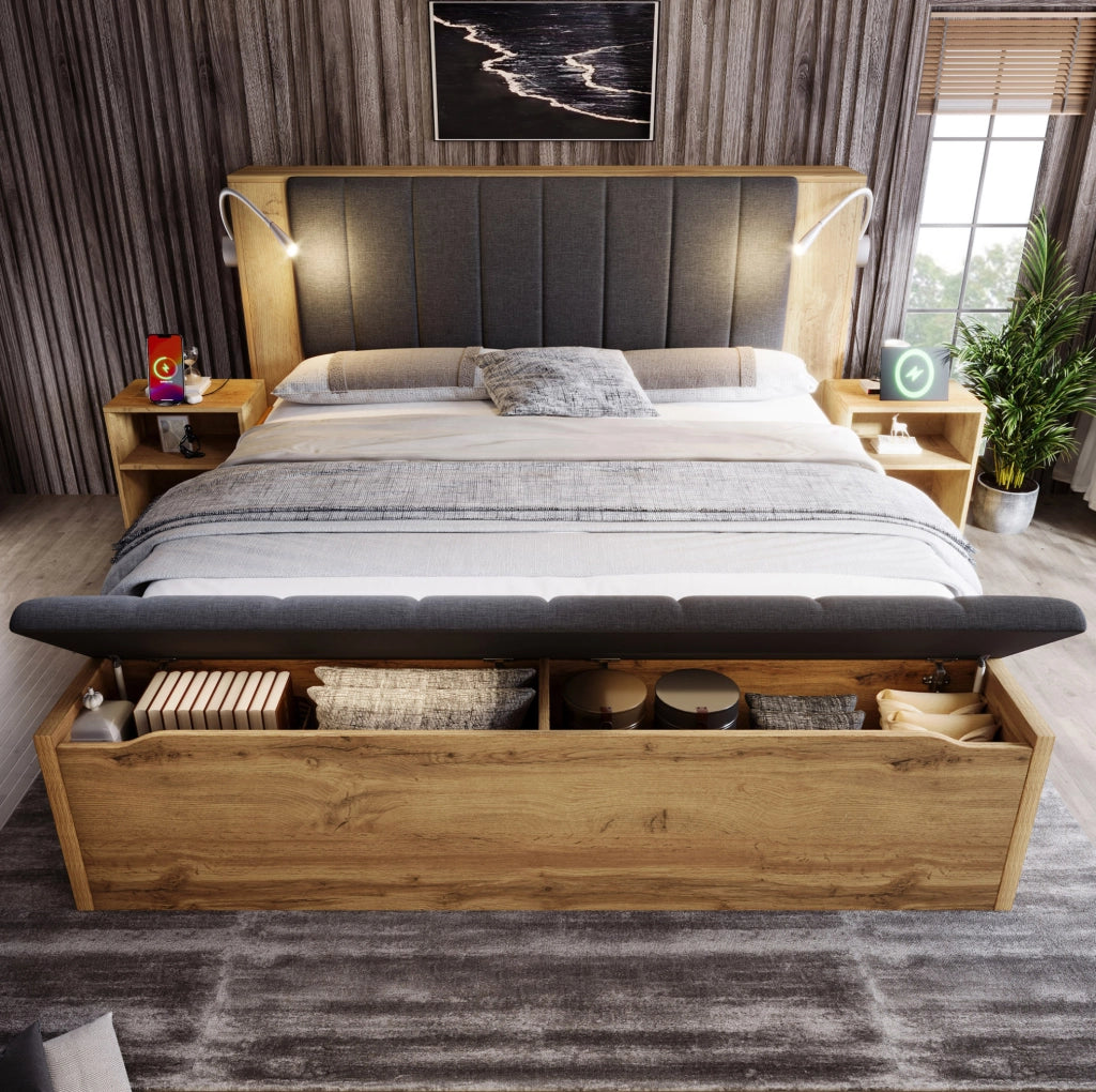 Letto matrimoniale 160x200 cm in legno rovere con testiera reclinabile in lino, due comodini, panca contenitore e luci da lettura USB inclusi con rete e materasso
