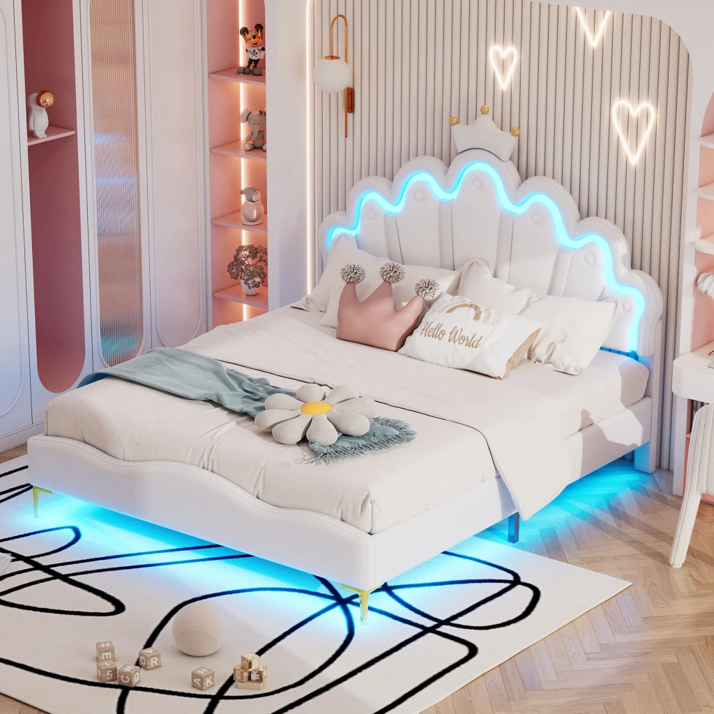 Letto principessa 140 x 200 cm a forma di corona in PU, imbottitura morbida, striscia LED regolabile - Bianco