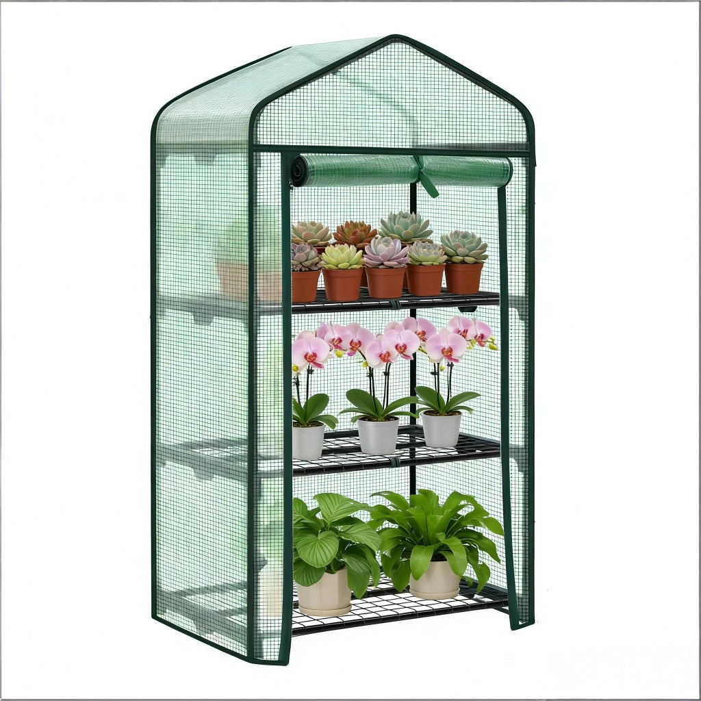 Serra da giardino a 3 ripiani con copertura in PE e porta avvolgibile verde 69 × 49 × 125 cm per balcone e terrazza