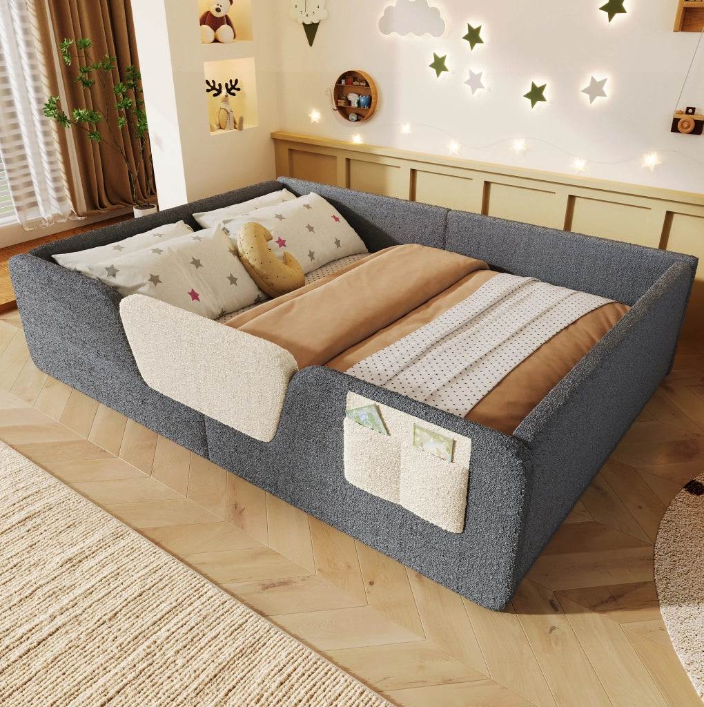 LETTO imbottito 140x190 cm in velluto grigio con sponde rimovibili