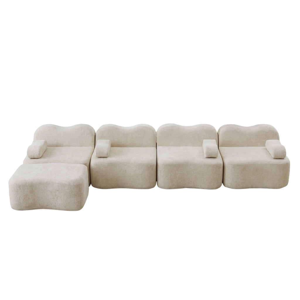 Divano modulare a L 4 posti in velluto beige con pouf; schiuma 32D; 384x167x70 cm