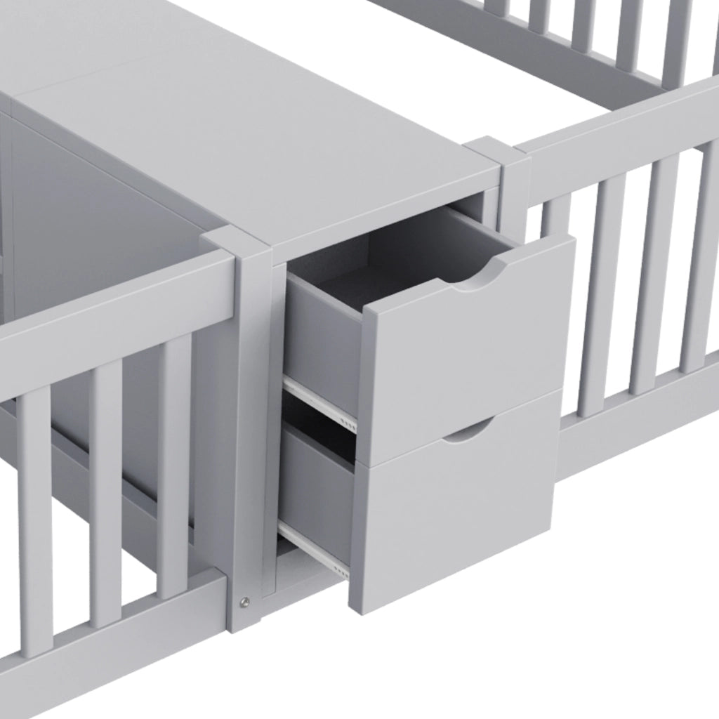 Letto per bambini 2 posti 90 × 200 cm con cassetti, ripiani centrali e sponde alte, senza materasso, grigio