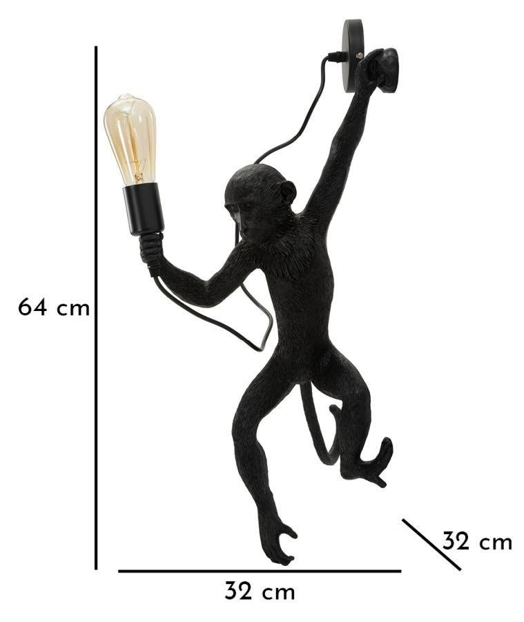 Lampada da Muro Monkey Nera 32x32x64 cm in Resina Nero e Oro