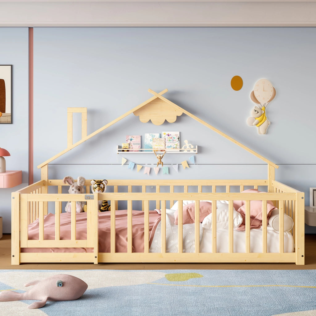 Letto Casetta 90x190 cm; Letto Singolo con Sponda e Serratura in Legno Naturale