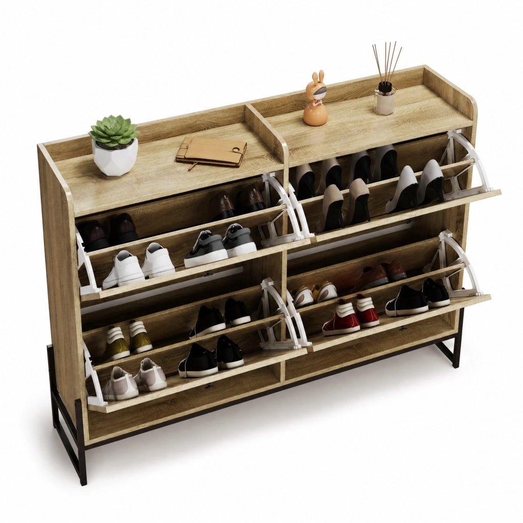 Mobile portascarpe in legno con 4 ante a ribalta, design arrotondato e ripiani salvaspazio