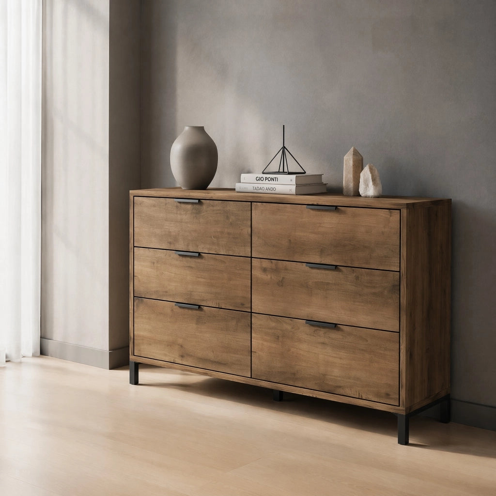 CASSETTIERA con 6 cassetti 120x40x76 cm Effetto rovere scuro e metallo