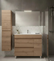Mobile Bagno FENRIR Già Montato 2 cassetti e porta con piedini, lavabo e specchio Estepa 120x45 cm doppio lavabo con colonna