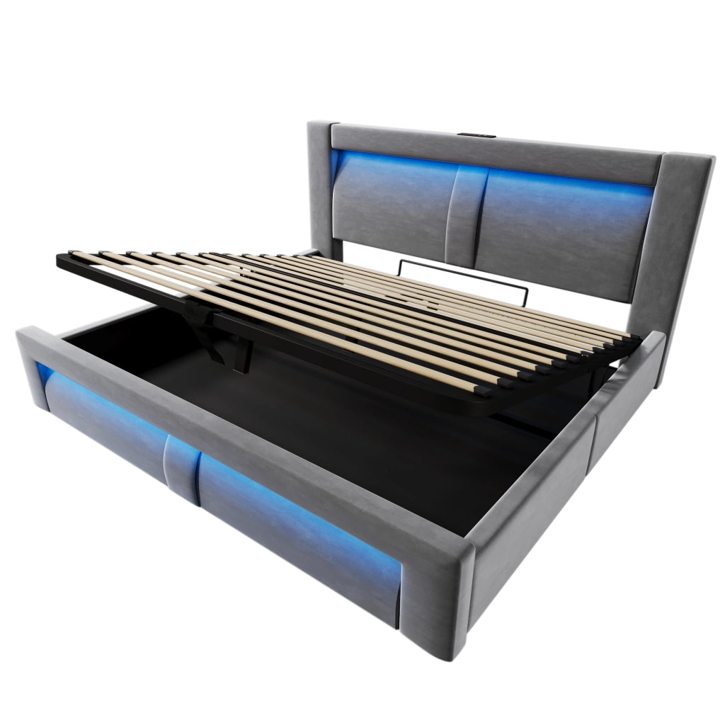 Letto contenitore 160x200 con testiera curva; LED e ricarica USB-C; velluto grigio