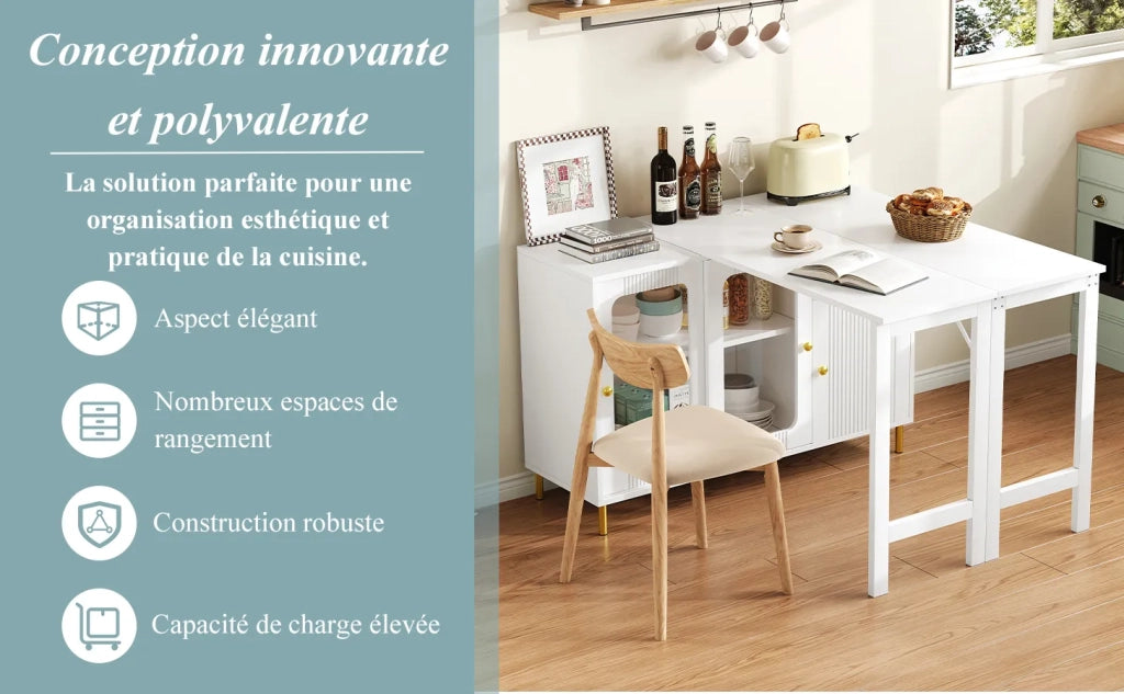 Credenza moderna bianca con ante scorrevoli in vetro e motivo ondulato, piano tavolo ribaltabile ed estensibile con superficie girevole, gambe in metallo oro. Per cucina e sala da pranzo