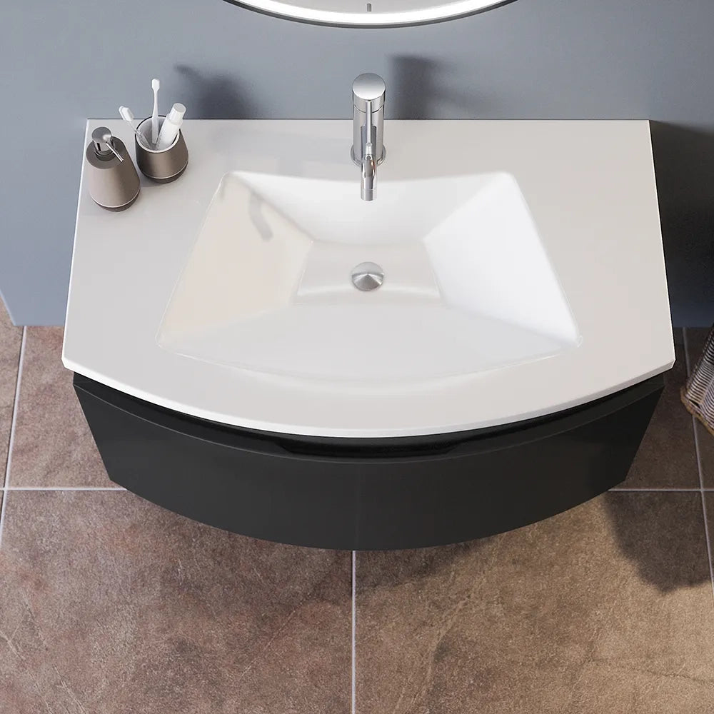 Mobile sospeso 100 cm grigio lucido con un cassetto e lavabo in ceramica, frontale curvo | Lula