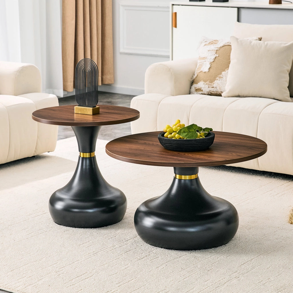 TAVOLINI DA CAFFÈ Set da 2 pezzi Ø70/50 cm Noce e Nero