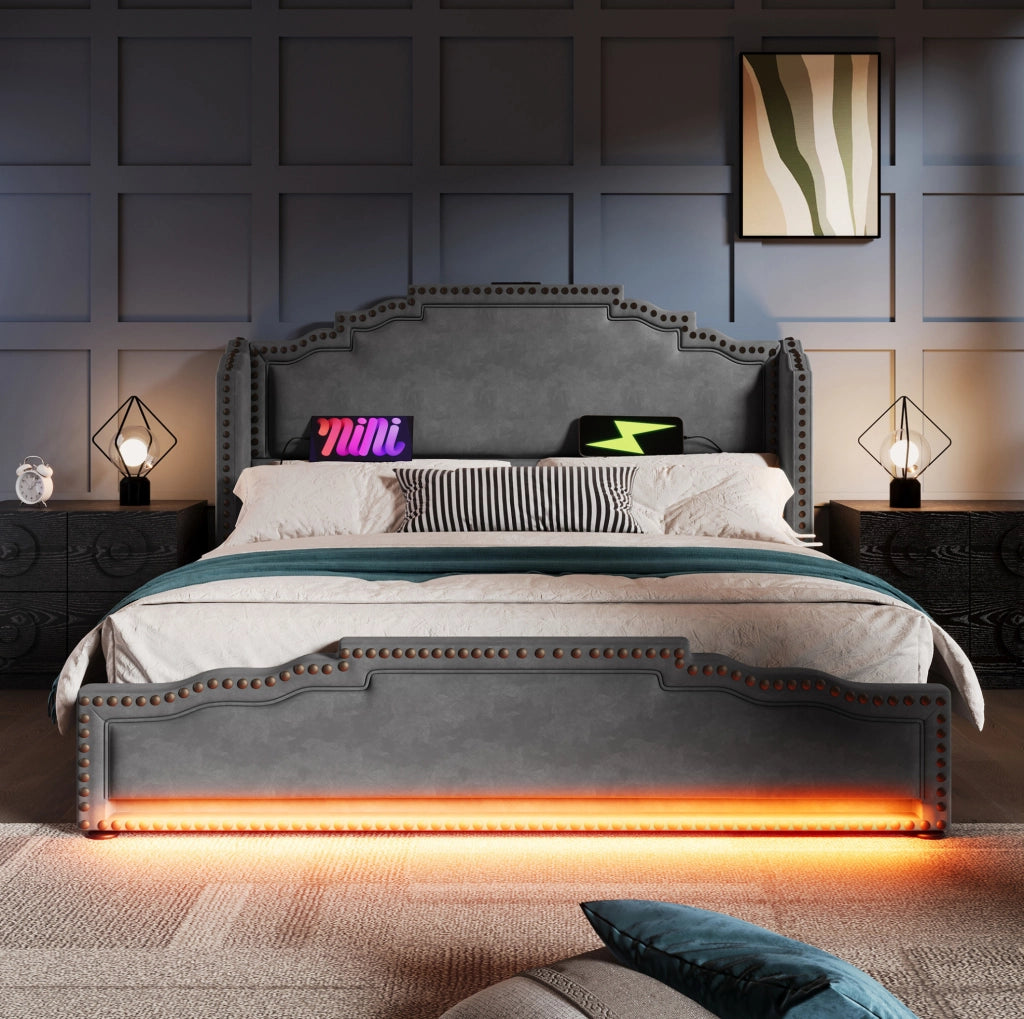 Letto matrimoniale con LED, USB-C e 4 cassetti