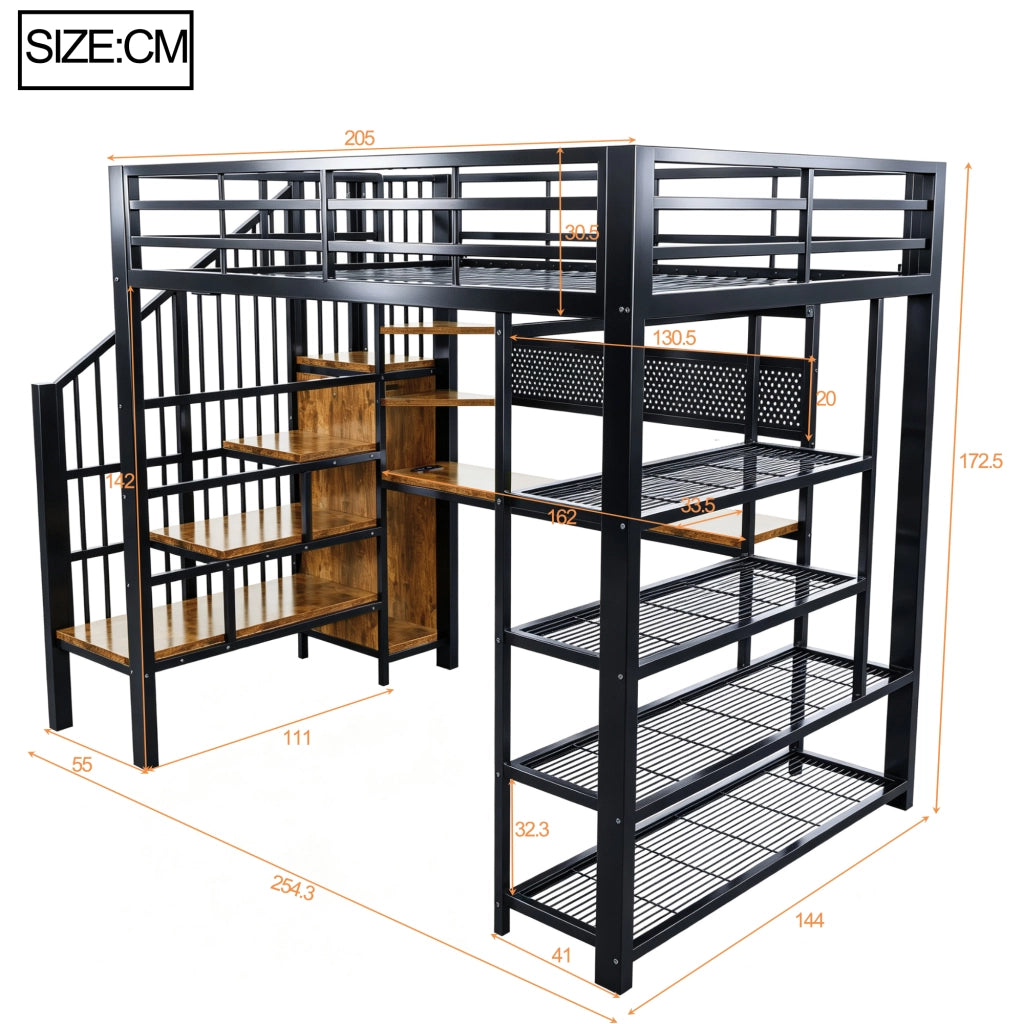 Letto a soppalco 140 × 200 cm con scrivania; scala con vani; LED; presa europea e scaffale in metallo nero
