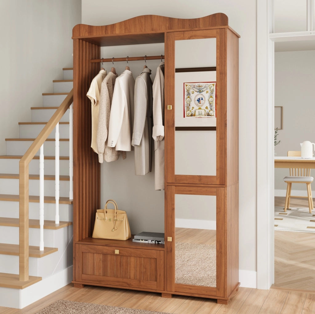 Garderobenschrank aus MDF in Nussbaum mit Ganzkörperspiegel und Offener Kleiderstange, 115,5x38,5x194,5 cm
