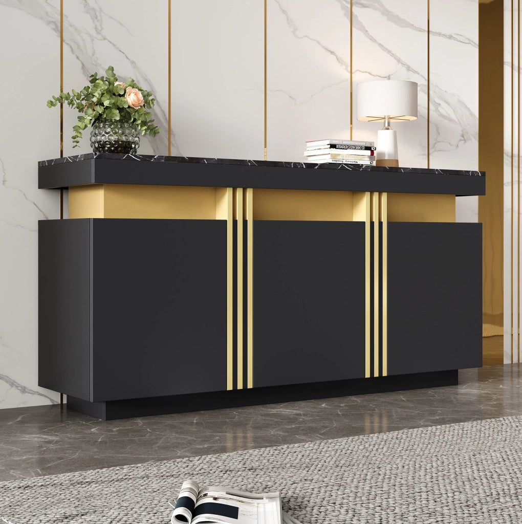 Sideboard Moderno Nero e Oro in Truciolato 140x38x70 cm con 3 Ante e Ripiani Regolabili