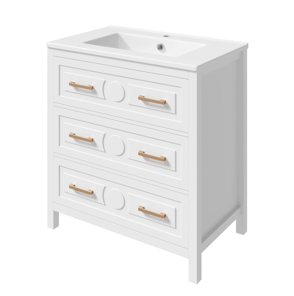 Mobile bagno bianco 76,5 x 47 x 82 cm con lavabo in ceramica integrato e 3 cassetti silenziosi