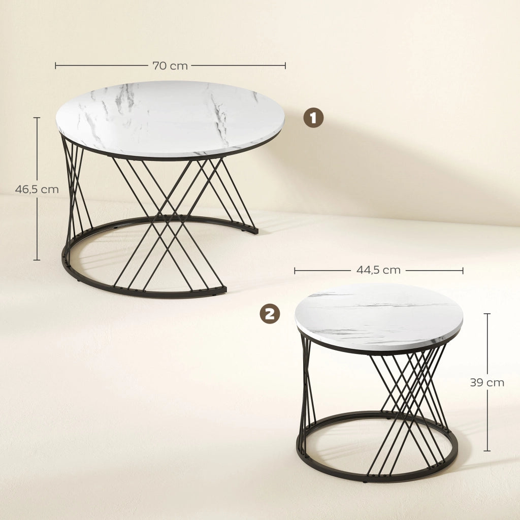 Set di 2 Tavolini da Salotto Sovrapponibili Rotondi Effetto Marmo Bianco e Metallo Design Moderno Salvaspazio per Casa
