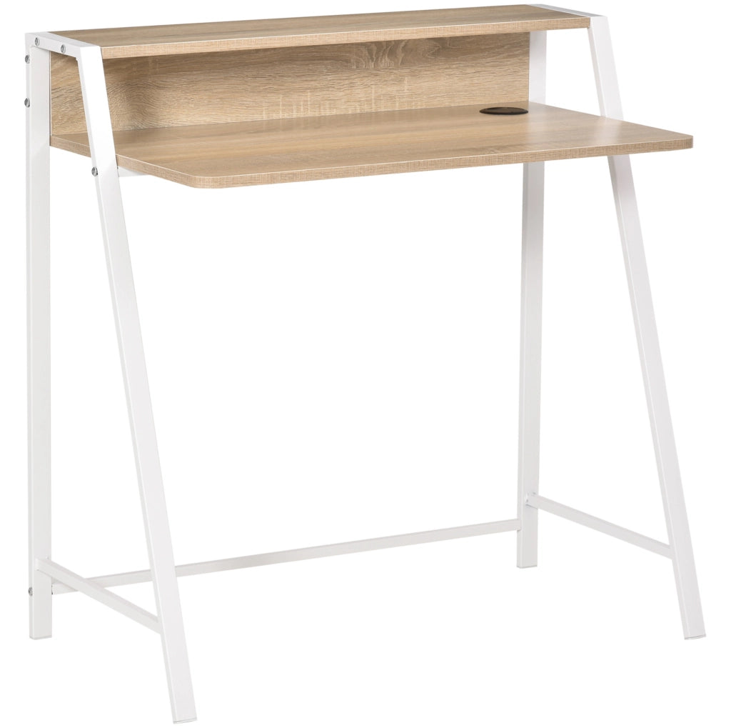 Scrivania moderna in metallo bianco con piano in MDF rovere 84x45x85 cm con vano portaoggetti e passacavi per home office