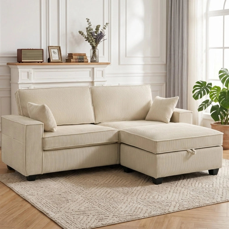 Divano angolare ULEVR 3 posti beige in velluto a coste con pouf contenitore e imbottitura a molle