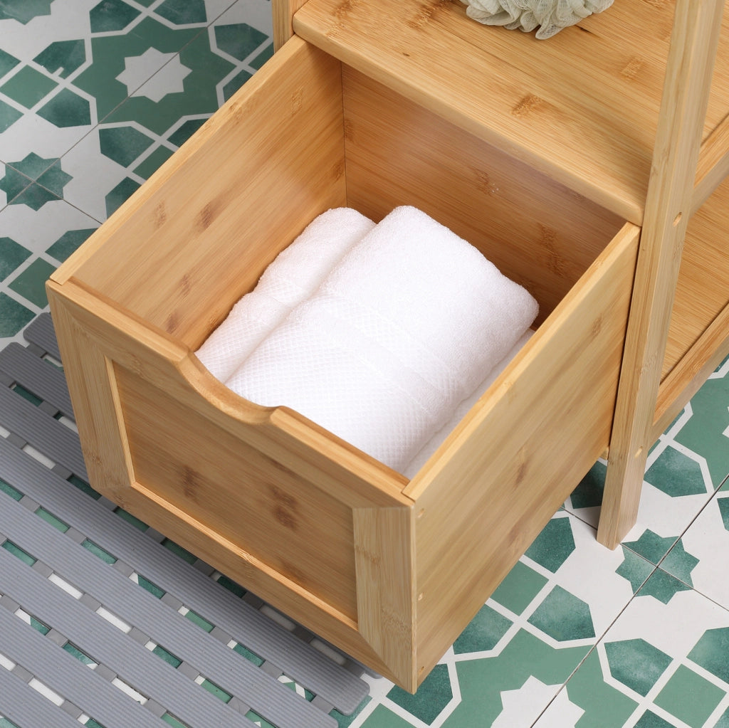 Mobiletto bagno in bambù con 3 ripiani, 2 cassetti e sistema anti-ribaltamento, compatto e funzionale