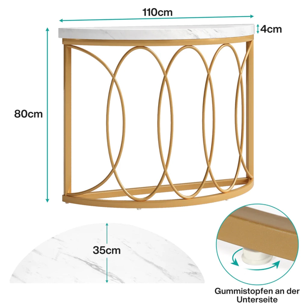 Tavolo da ingresso semicircolare con fissaggio antiribaltamento in marmo artificiale e metallo oro e bianco