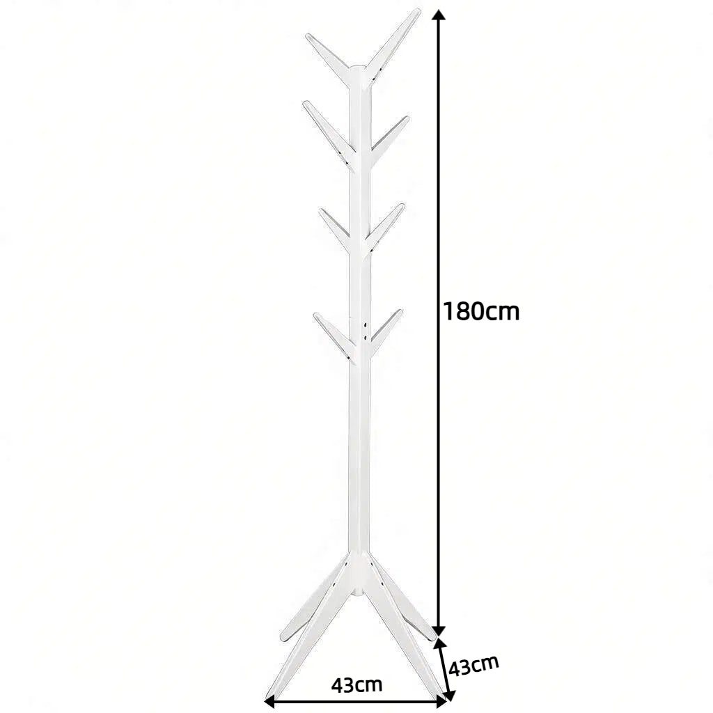 Appendiabiti da terra con 8 ganci in legno bianco struttura triangolare portata 3 kg per gancio 43 × 43 × 180 cm