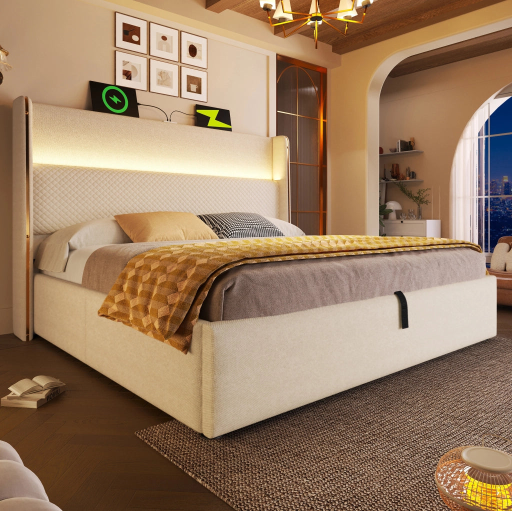 Letto matrimoniale 160x200 cm in lino beige con LED, contenitore e materasso