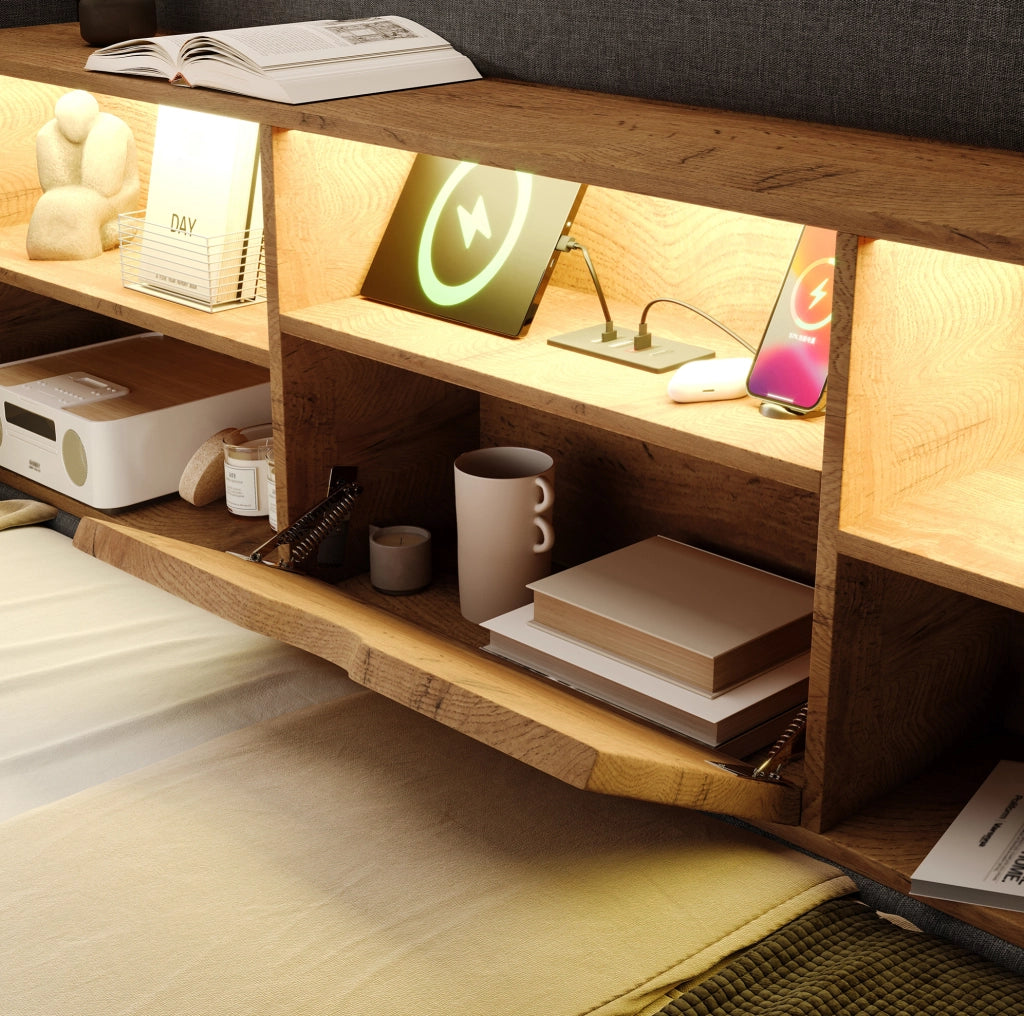 Letto 140x200 cm con contenitore idraulico; LED e porte USB in lino grigio