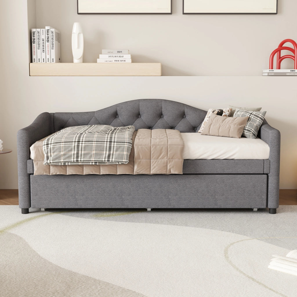 Letto estraibile singolo 90×200 cm con letto estraibile; senza materasso; lino e MDF; grigio; per camera da letto