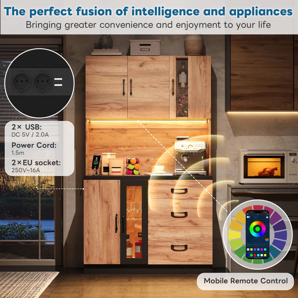 Mobile colonna da cucina con 3 cassetti ante in vetro LED prese USB ripiani regolabili in MDF neutro