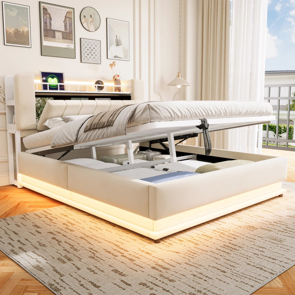 Letto imbottito 160 ¡Á 200 cm con LED USB contenitore idraulico in velluto beige rete a doghe in metallo