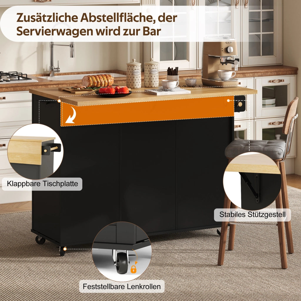 Mobile base da cucina con piano pieghevole; vano pattumiera; cassetto e ruote bloccabili nero 130 × 70 × 93 cm