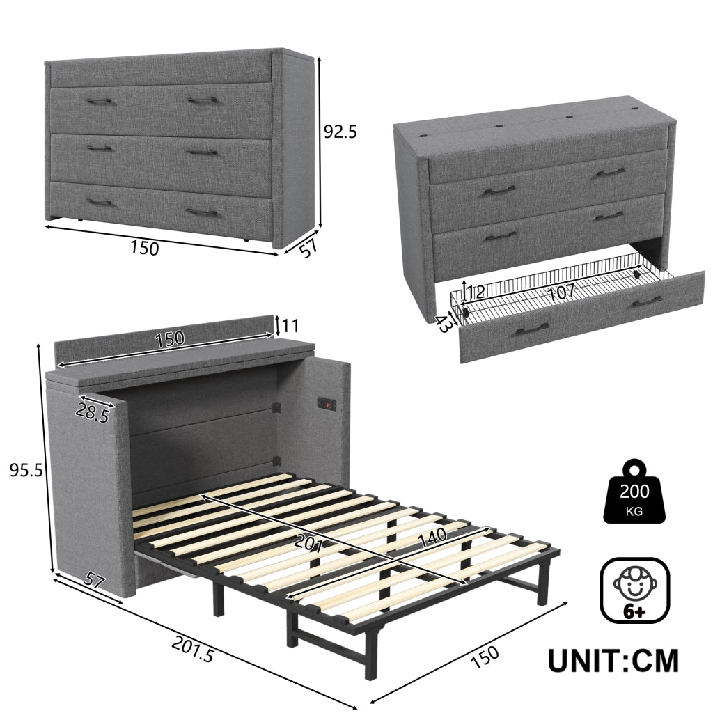 Letto a Scomparsa 140x200 cm in Lino con Cassetto; USB-C e Modulo Contenitore Mobile; Grigio