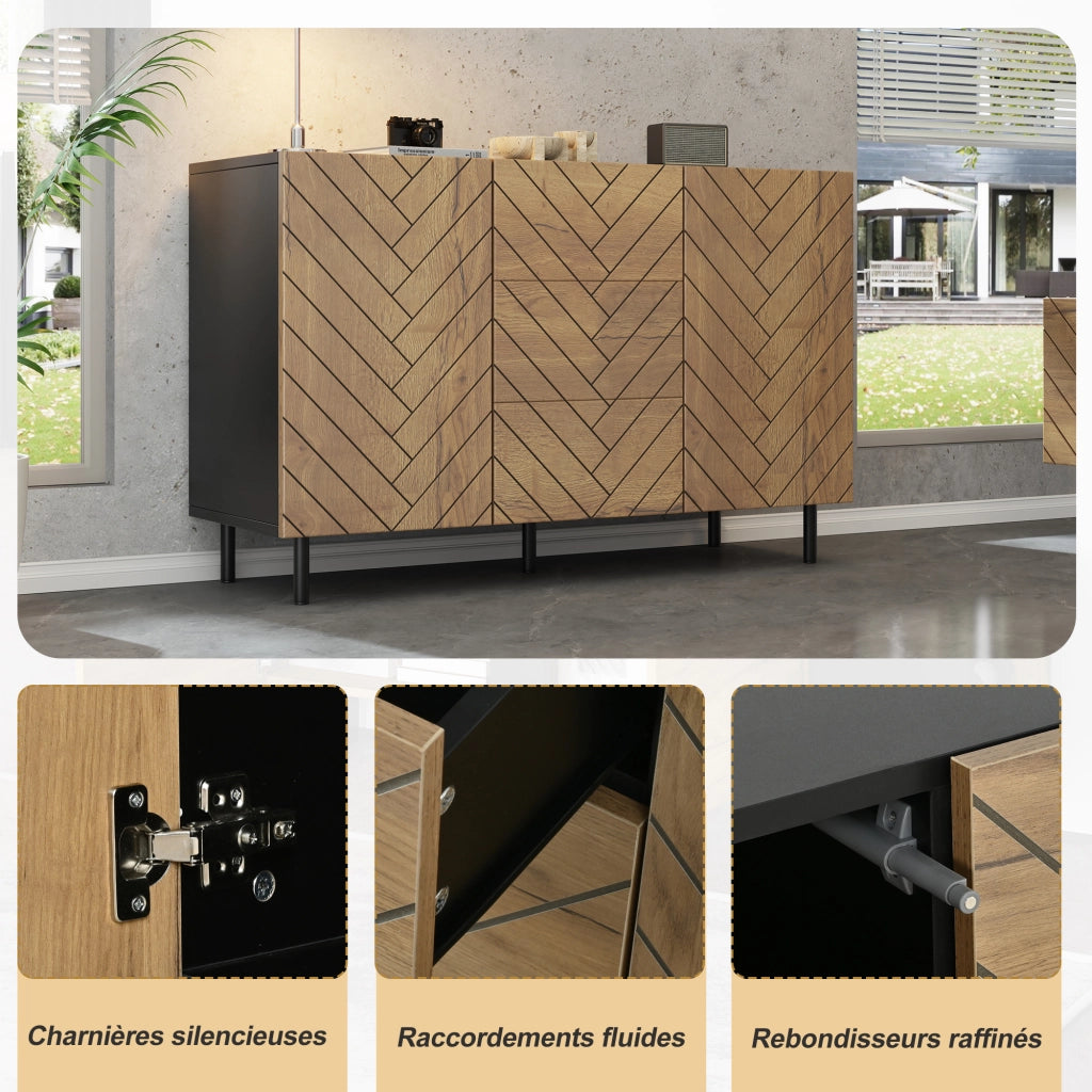Madia soggiorno 3 cassetti e 2 ante in pannello truciolare effetto legno naturale e nero 120 × 40 × 76 cm